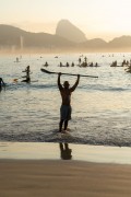 Practitioners of Stand up paddle - post 6 of Copacabana Beach with the Sugar Loaf in the background - Rio de Janeiro city - Rio de Janeiro state (RJ) - Brazil