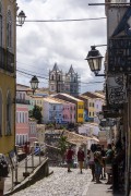 View of historic houses - Pelourinho with the  Our Lady of Rosario dos Pretos Church (XVIII century) - to the right - and the Santissimo Sacramento do Passo Church (1718) in the background - Salvador city - Bahia state (BA) - Brazil