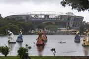 Sculptures representing 8 Orishas - Tororo Dike - with the Octavio Mangabeira Cultural Sports Complex - also known as Arena Fonte Nova - in the background  - Salvador city - Bahia state (BA) - Brazil