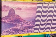 Image of Sugarloaf Mountain and Copacabana boardwalk, printed on canvas, decorating a stall - Arpoador Beach - Rio de Janeiro city - Rio de Janeiro state (RJ) - Brazil