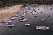 Picture taken with drone of boats at Abraao Cove (Enseada do Abraao) -Ilha Grande State Park - Tamoios Environmental Protection Area - Angra dos Reis city - Rio de Janeiro state (RJ) - Brazil