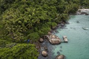 Picture taken with drone of coconut trees and pier on Aventureiro Beach - Angra dos Reis city - Rio de Janeiro state (RJ) - Brazil