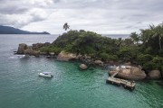 Picture taken with drone of coconut trees and pier on Aventureiro Beach - Angra dos Reis city - Rio de Janeiro state (RJ) - Brazil