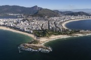 Picture taken with drone of the Arpoador Stone with Ipanema and Copacabana Beaches in the background  - Rio de Janeiro city - Rio de Janeiro state (RJ) - Brazil