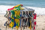 Improvised sun umbrella as a display for selling bikinis on Copacabana Beach - Rio de Janeiro city - Rio de Janeiro state (RJ) - Brazil