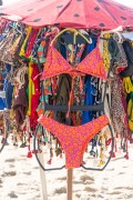 Improvised sun umbrella as a display for selling bikinis on Copacabana Beach - Rio de Janeiro city - Rio de Janeiro state (RJ) - Brazil