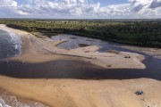 Picture taken with drone of river mouth and sandbanks at Barra do Cahy Beach - Prado city - Bahia state (BA) - Brazil
