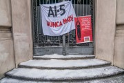 Performance Many Hands Make the Weight Lighter - Resistance Campaign, in which 200 kilos of coarse salt were deposited at the buildings central gate, by artists Julia Cseko and Joana Traub Cseko, during the AI-5 Never Again demonstration, held in front of the building of the now-defunct DOPS - Department of Political and Social Order, a repressive body of the military dictatorship, marking the 56th anniversary of Institutional Act No. 5, organized by the RJ Collectives Memory, Truth, Justice and Reparation, with the participation of visual and theatrical artists - Rua da Relaçao 40  - Rio de Janeiro city - Rio de Janeiro state (RJ) - Brazil