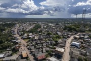 Picture taken with drone of street and houses in Presidente Figueiredo - Presidente Figueiredo city - Amazonas state (AM) - Brazil