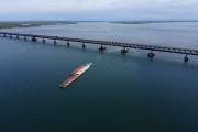 Picture taken with drone of the Roadrail Bridge over Parana River - Its total length is 3800 meters, making it the largest Brazilian river bridge - Natural boundary between SP and MS states - Rubineia city - Sao Paulo state (SP) - Brazil