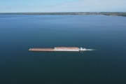 Picture taken with drone of a barge navigating the Parana River on the Tiete-Parana Waterway. - Rubineia city - Sao Paulo state (SP) - Brazil