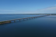 Picture taken with drone of the Roadrail Bridge over Parana River - Its total length is 3800 meters, making it the largest Brazilian river bridge - Natural boundary between SP and MS states - Rubineia city - Sao Paulo state (SP) - Brazil