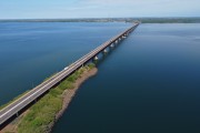 Picture taken with drone of the Roadrail Bridge over Parana River - Its total length is 3800 meters, making it the largest Brazilian river bridge - Natural boundary between SP and MS states - Rubineia city - Sao Paulo state (SP) - Brazil