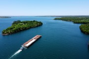 Picture taken with drone of a barge navigating the Paranaiba River on the Paranaiba-Tiete-Parana Waterway. - Carneirinho city - Minas Gerais state (MG) - Brazil