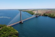 Picture taken with drone of the President Tancredo de Almeida Neves Bridge, also known as the Porto Alencastro Cable-Stayed Bridge - The bridge over the Paranaiba River connects the states of Mato Grosso do Sul and Minas Gerais. - Carneirinho city - Minas Gerais state (MG) - Brazil