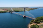 Picture taken with drone of the President Tancredo de Almeida Neves Bridge, also known as the Porto Alencastro Cable-Stayed Bridge - The bridge over the Paranaiba River connects the states of Mato Grosso do Sul and Minas Gerais. - Carneirinho city - Minas Gerais state (MG) - Brazil