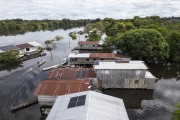 Picture taken with drone of floating houses in the riveribe community of Boca do Mamiraua - Mamiraua Sustainable Development Reserve - Alvaraes city - Amazonas state (AM) - Brazil