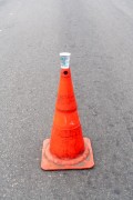 Traffic cone with a glass of water on top. - Post 6 on Copacabana Beach - Rio de Janeiro city - Rio de Janeiro state (RJ) - Brazil