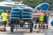 Stand up paddle boards in cargo trolley on sidewalk of Copacabana Beach - Rio de Janeiro city - Rio de Janeiro state (RJ) - Brazil