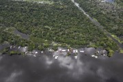 Picture taken with drone of floating houses in the riveribe community of Boca do Mamiraua - Mamiraua Sustainable Development Reserve - Alvaraes city - Amazonas state (AM) - Brazil