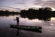 Indigenous fishing with bow and arrow at sunrise - Mamiraua Sustainable Development Reserve - Alvaraes city - Amazonas state (AM) - Brazil