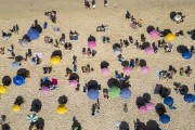 Picture taken with drone of the Ipanema Beach with bathers - Rio de Janeiro city - Rio de Janeiro state (RJ) - Brazil