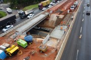 Picture taken with drone of men working on the construction of the third lane on an overpass of the Washington Luis Highway (SP-310) - Mirassol city - Sao Paulo state (SP) - Brazil