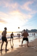 Bathers playing soccer - Arpoador Beach waterfront with the Morro Dois Irmaos (Two Brothers Mountain) in the background - Rio de Janeiro city - Rio de Janeiro state (RJ) - Brazil